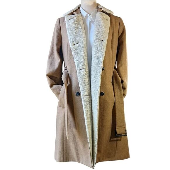 TOMMY HILFIGER Wool Peacoat Midi Sherpa Collar Belted Fully Lined Camel Size S - Picture 1 of 13